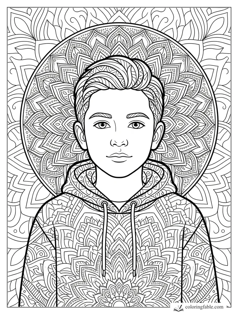 Intricate mandala coloring page of a boy’s face, swept hair, hoodie, and circular floral patterns