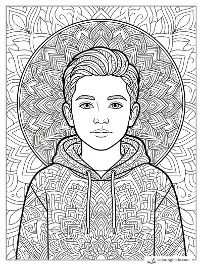Intricate mandala coloring page of a boy’s face, swept hair, hoodie, and circular floral patterns