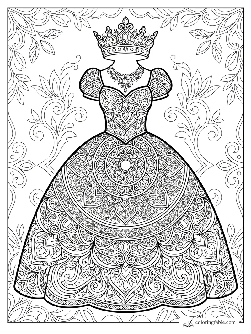 Intricate mandala princess gown with ornate crown, puff sleeves, necklace, and leafy floral border