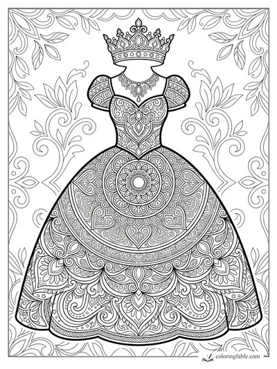 Intricate mandala princess gown with ornate crown, puff sleeves, necklace, and leafy floral border