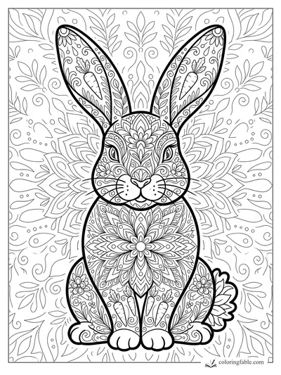 Intricate mandala rabbit coloring page with carrot ears, floral belly, leafy background, and curled tail