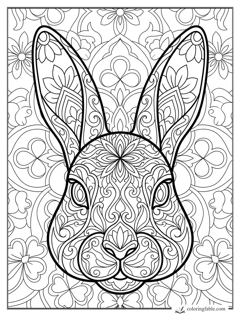 Intricate mandala rabbit face with tall patterned ears, floral eyes, curls, petals, and a symmetrical flower background.
