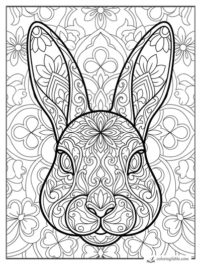 Intricate mandala rabbit face with tall patterned ears, floral eyes, curls, petals, and a symmetrical flower background.