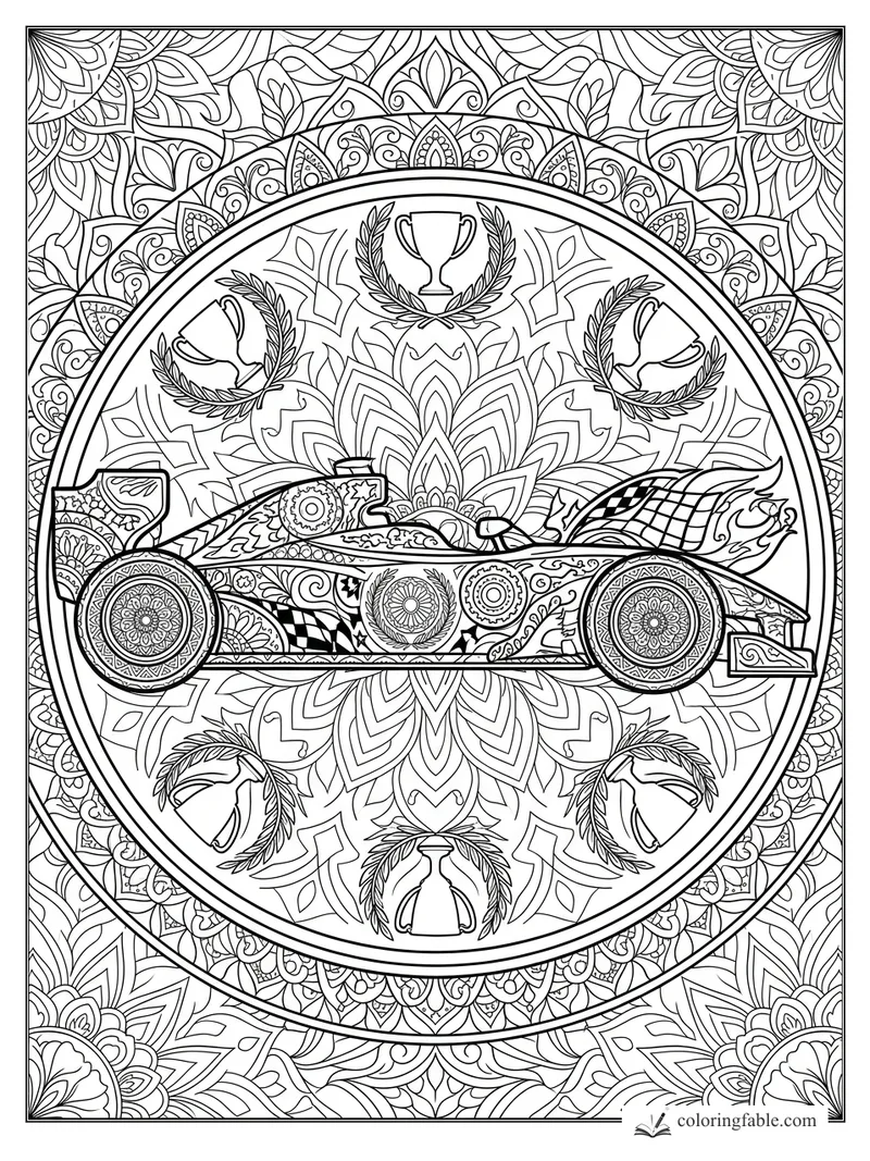 Intricate mandala race car coloring page with trophy cups, laurel wreaths, patterned wheels, and floral borders.