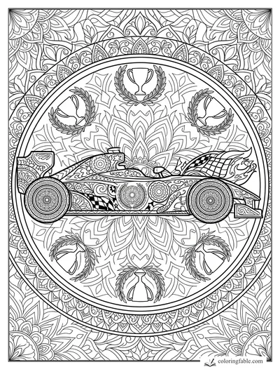Intricate mandala race car coloring page with trophy cups, laurel wreaths, patterned wheels, and floral borders.