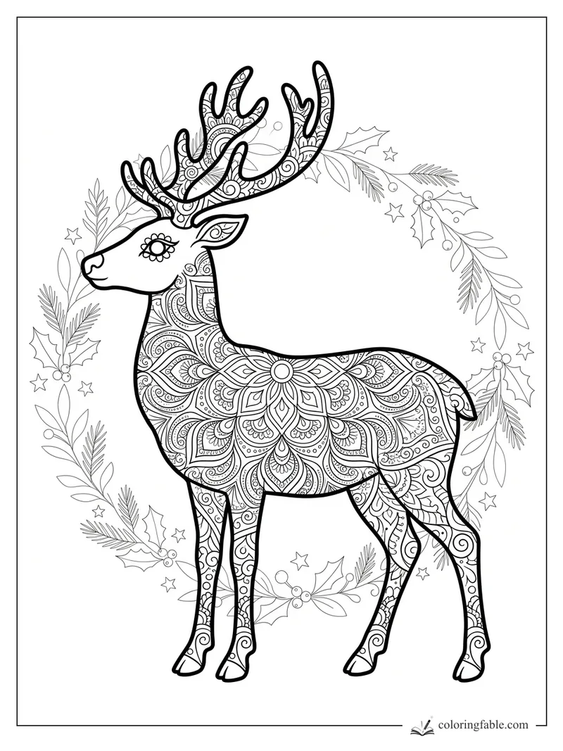 Intricate mandala reindeer with patterned antlers, floral body, holly, pine sprigs, berries, and stars.
