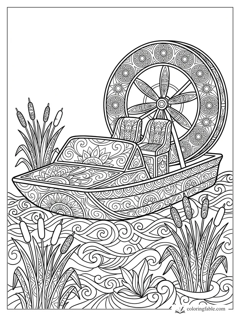 Intricate mandala rescue airboat with rear fan, two seats, cattails, and swirling marsh water