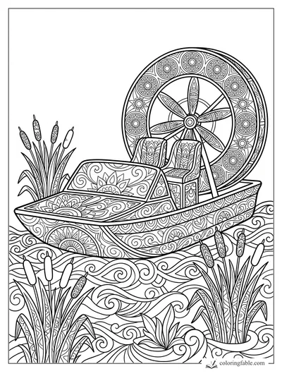 Intricate mandala rescue airboat with rear fan, two seats, cattails, and swirling marsh water