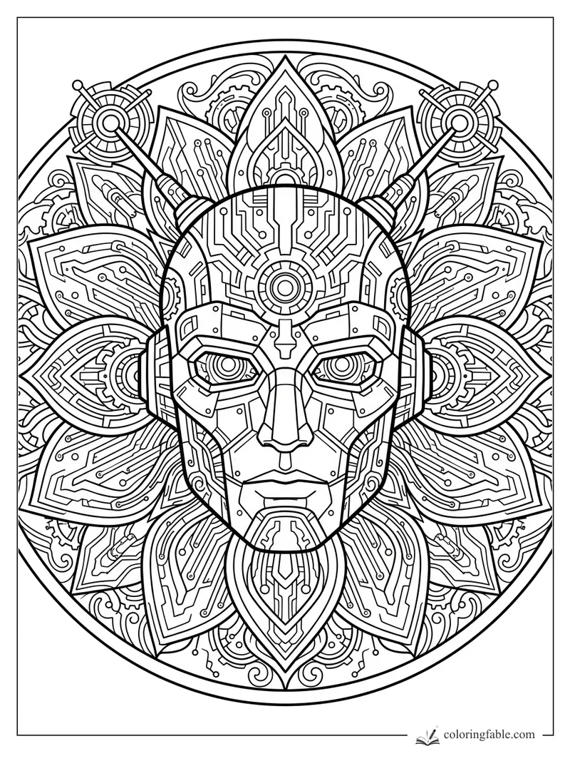 Intricate robot face mandala with circuit petals, gears, antennae, and a circular frame