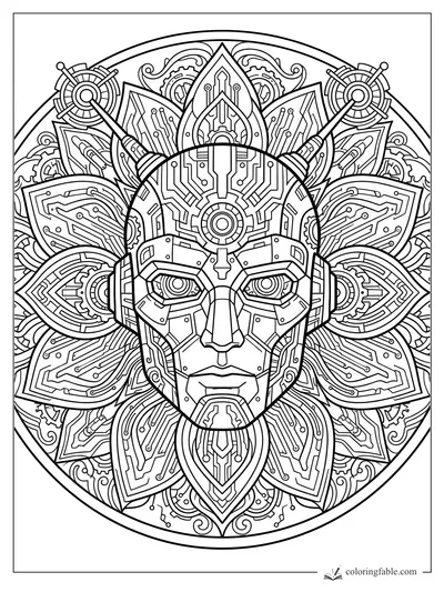 Intricate robot face mandala with circuit petals, gears, antennae, and a circular frame