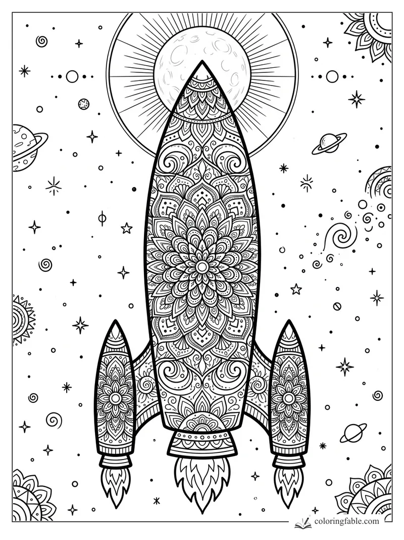 Intricate mandala rocket with patterned boosters flying toward a radiant moon amid stars and planets