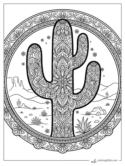 Intricate mandala saguaro cactus with desert hills, flowers, rocks, and ornate circular border