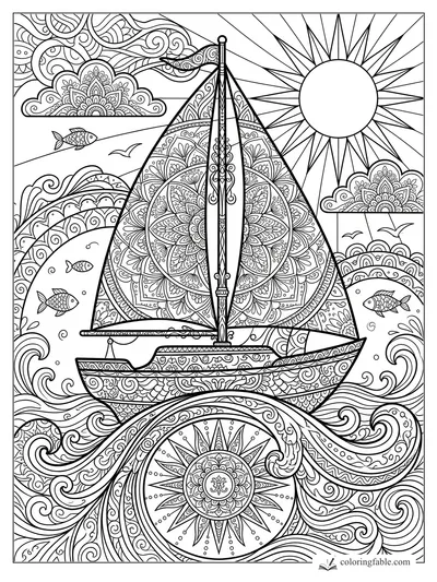 Intricate mandala sailboat with patterned sails, curling waves, fish, clouds, and a radiant sun