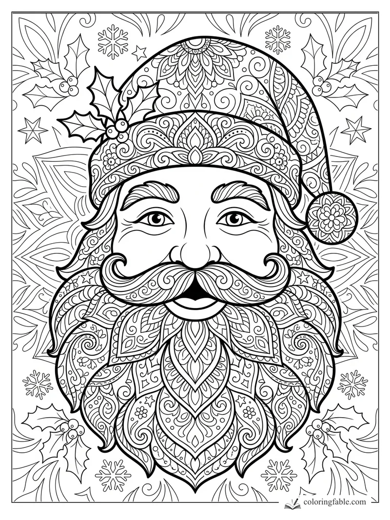 Intricate mandala Santa face with curled mustache, patterned hat, holly leaves, stars, and snowflakes.