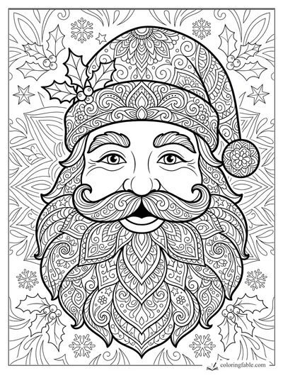 Intricate mandala Santa face with curled mustache, patterned hat, holly leaves, stars, and snowflakes.