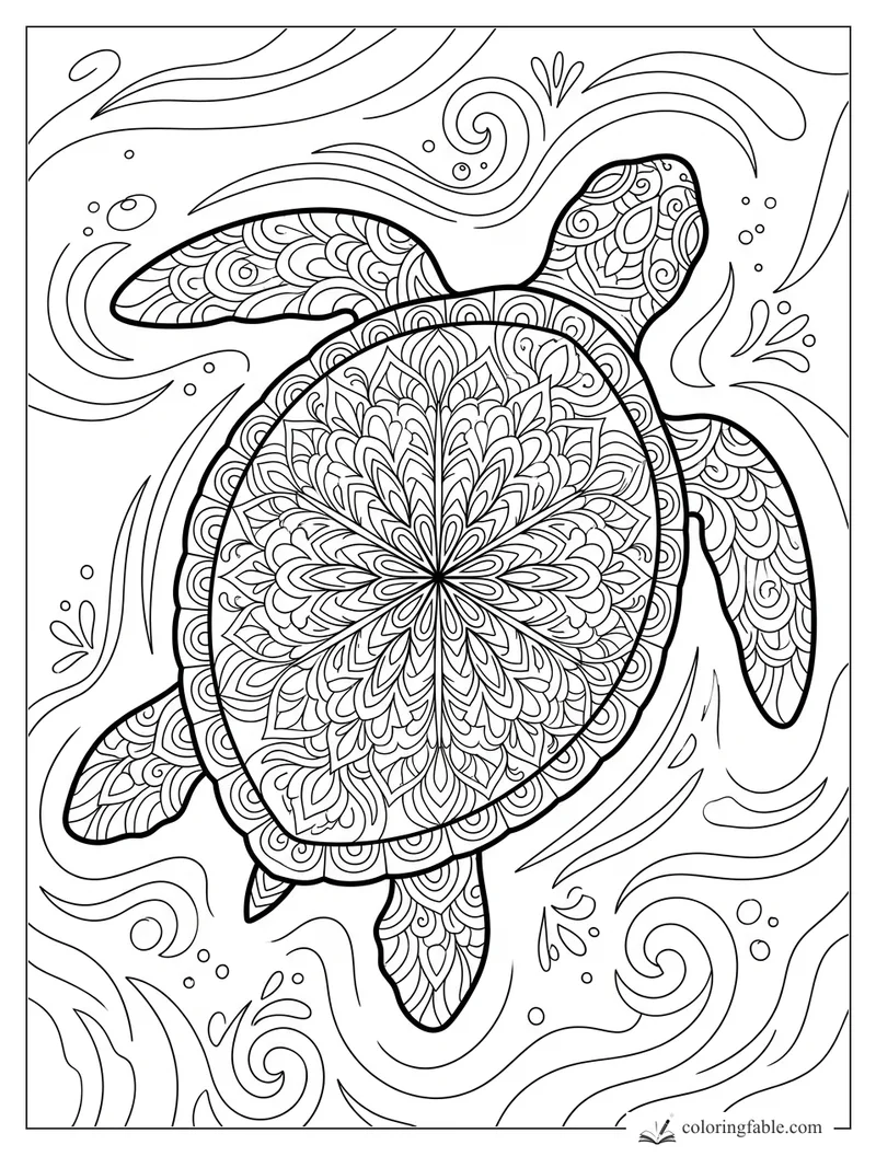Intricate mandala sea turtle with patterned shell, flippers, bubbles, and swirling ocean currents