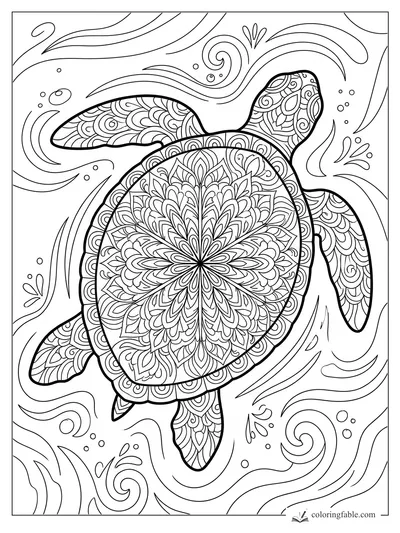 Intricate mandala sea turtle with patterned shell, flippers, bubbles, and swirling ocean currents