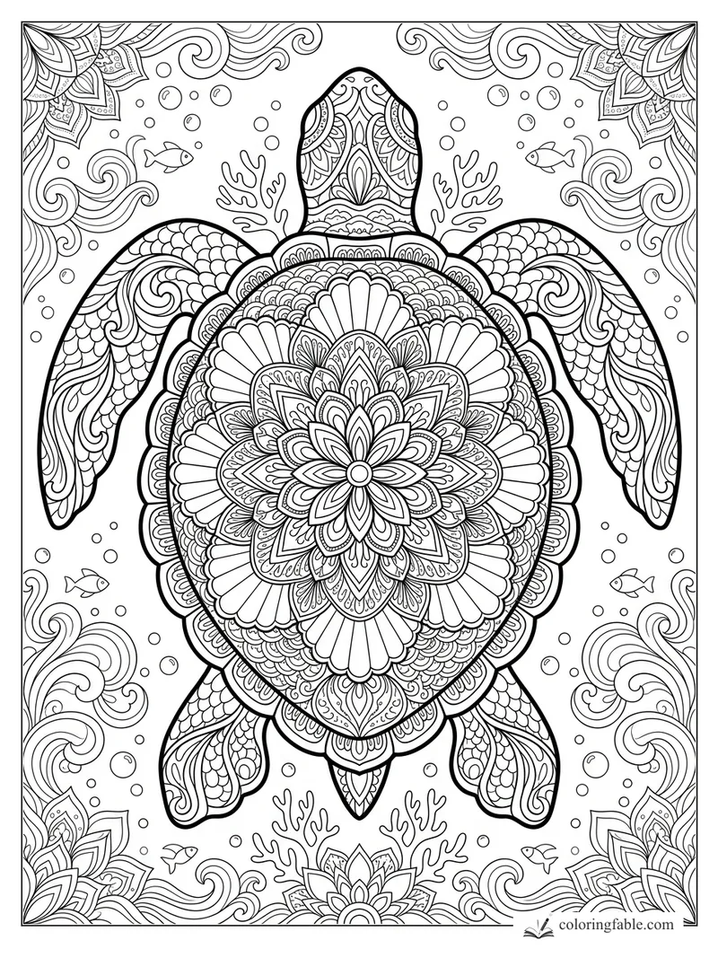 Intricate mandala sea turtle with floral shell, patterned flippers, fish, bubbles, coral, and swirling waves.