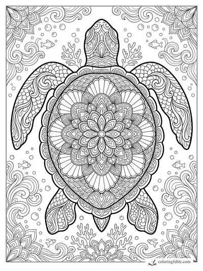 Intricate mandala sea turtle with floral shell, patterned flippers, fish, bubbles, coral, and swirling waves.