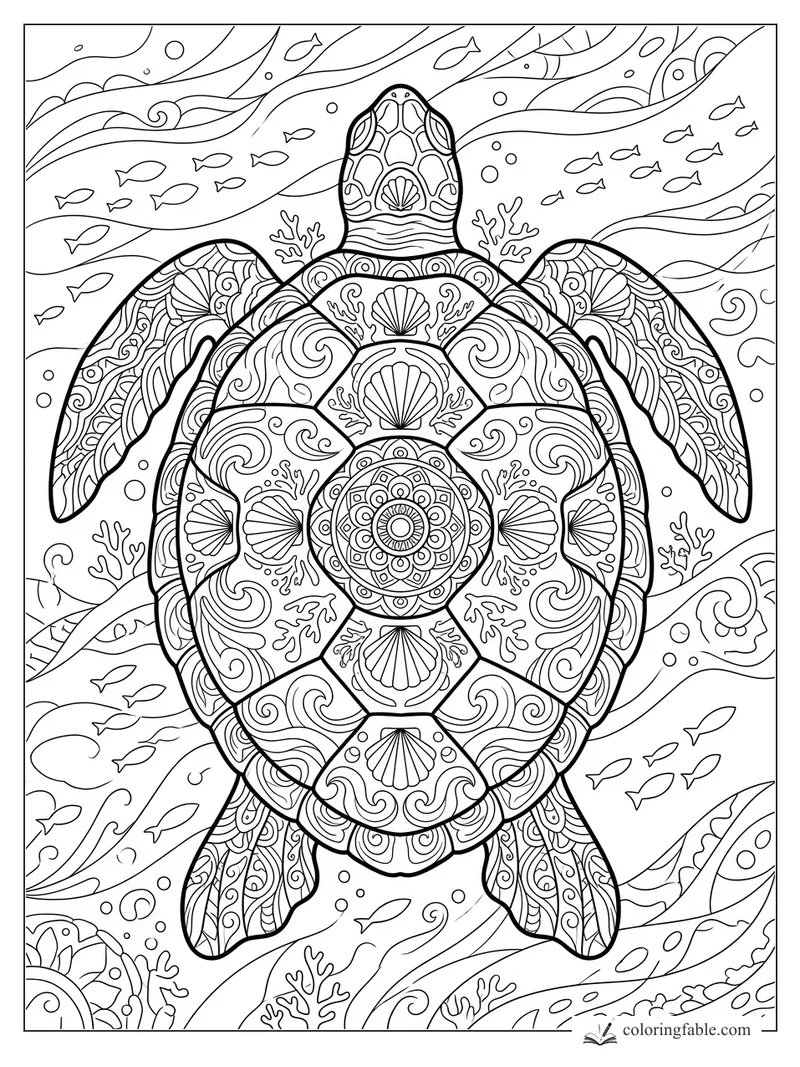 Intricate mandala sea turtle with patterned shell, coral, shells, waves, bubbles, and small fish.