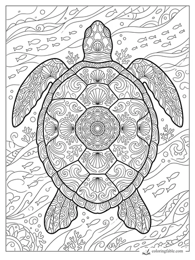 Intricate mandala sea turtle with patterned shell, coral, shells, waves, bubbles, and small fish.
