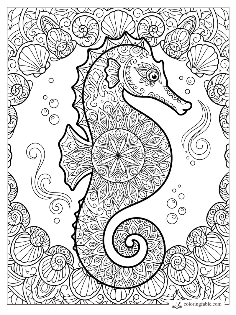 Intricate mandala seahorse with scallop shells, spiral shells, bubbles, and swirling seaweed
