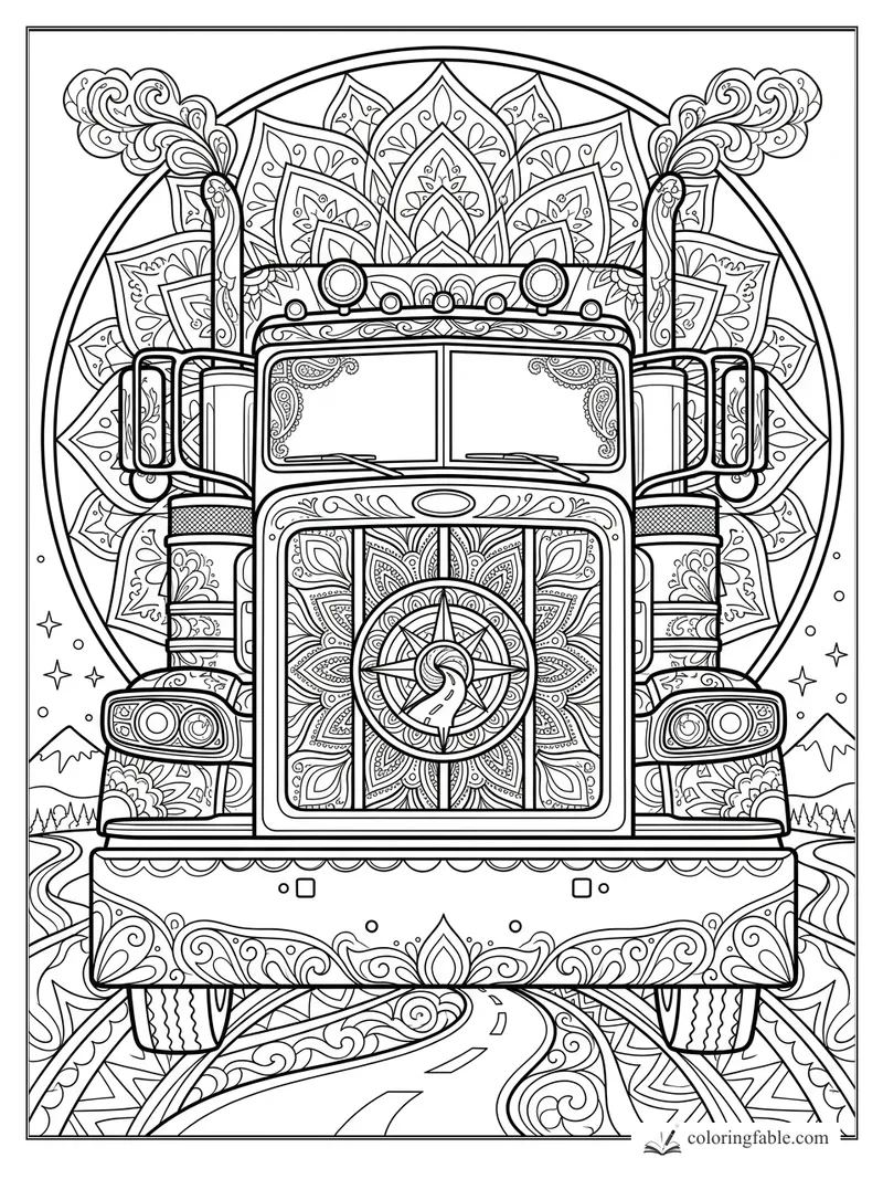 Intricate mandala semi truck front with smoke plumes, headlights, mirrors, mountains, and winding road