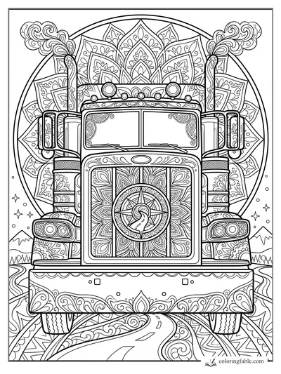Intricate mandala semi truck front with smoke plumes, headlights, mirrors, mountains, and winding road