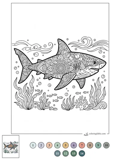 Mandala Shark Gliding Through Reef Waves — color by number