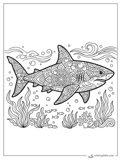 Intricate mandala shark with patterned fins, reef plants, bubbles, small fish, and curling ocean waves.