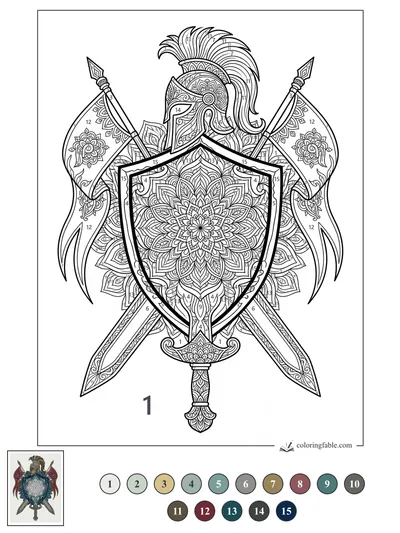 Mandala Shield with Crossed Swords and Plumed Helmet — color by number