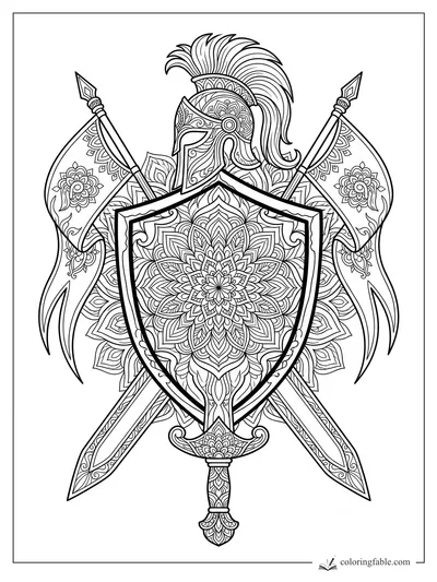 Intricate fantasy mandala shield with crossed swords, spears, flags, and a plumed knight helmet