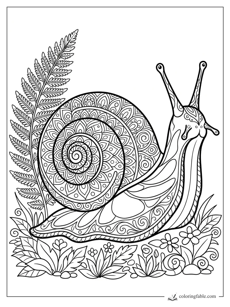 Intricate mandala snail with spiral shell, tall eye stalks, fern frond, flowers, leaves, and stones