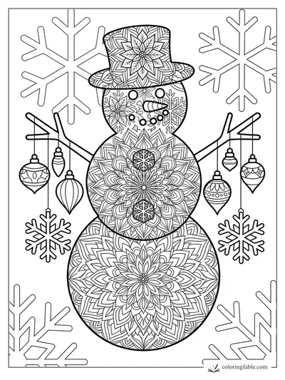 Intricate mandala snowman with top hat, carrot nose, dangling ornaments, and large snowflakes.