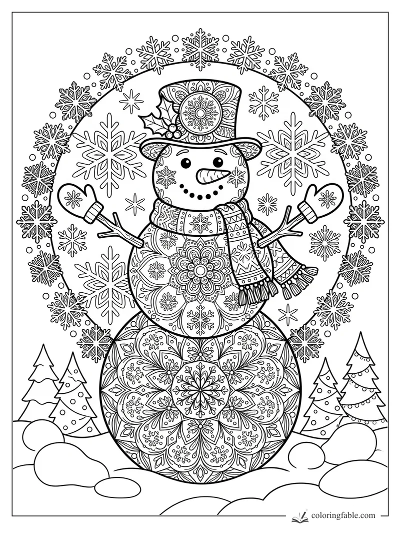 Intricate mandala snowman with top hat, scarf, mittens, snowflakes, pine trees, and snowy rocks.