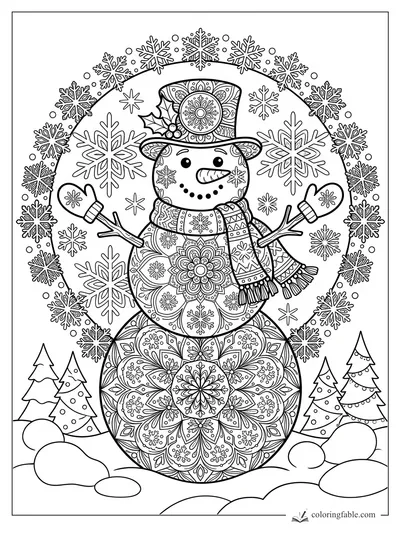 Intricate mandala snowman with top hat, scarf, mittens, snowflakes, pine trees, and snowy rocks.