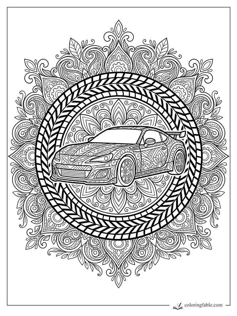 Intricate sports car mandala with tire-ring border, floral scrolls, gears, leaves, and patterned body panels.