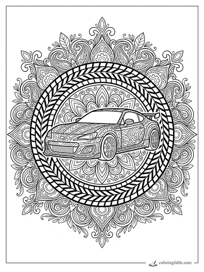Intricate sports car mandala with tire-ring border, floral scrolls, gears, leaves, and patterned body panels.