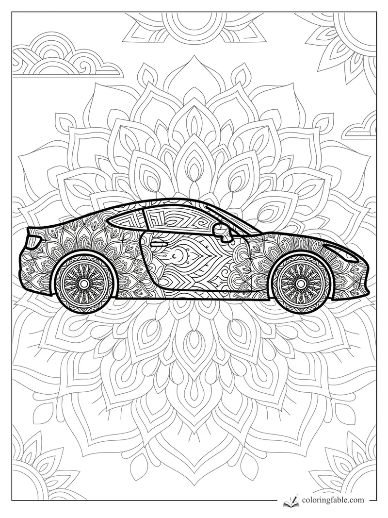 Intricate mandala sports car with floral panels, detailed wheels, and a large lotus pattern behind it