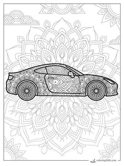Intricate mandala sports car with floral panels, detailed wheels, and a large lotus pattern behind it