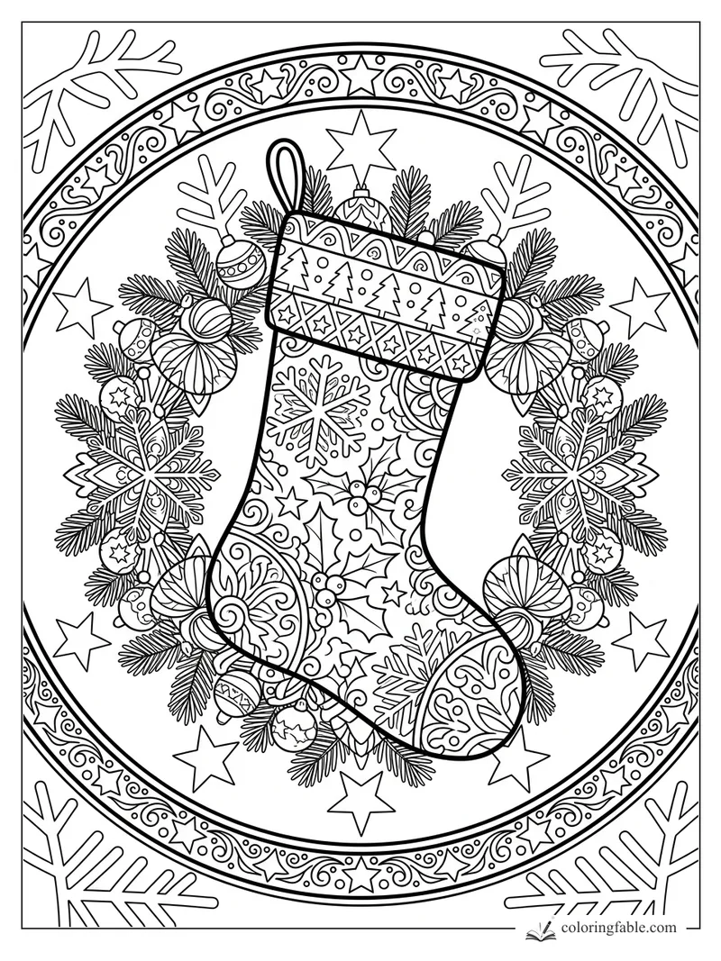 Intricate mandala Christmas stocking with holly, ornaments, pine branches, snowflakes, and star border