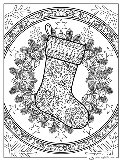 Intricate mandala Christmas stocking with holly, ornaments, pine branches, snowflakes, and star border