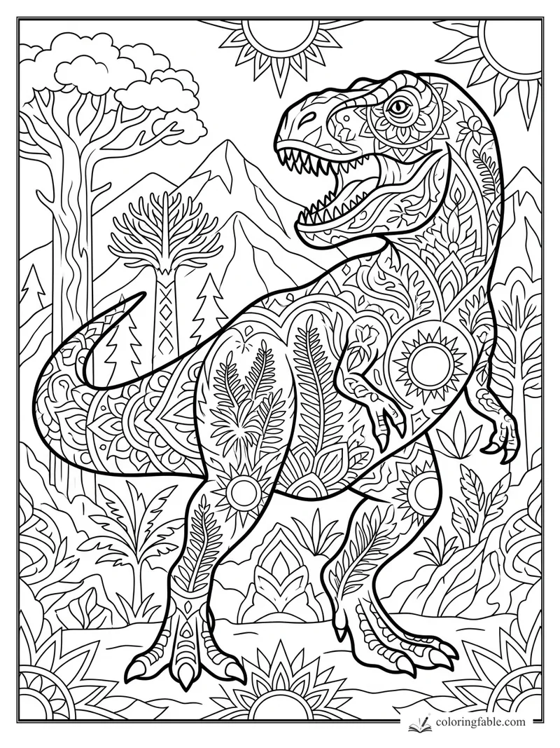 Intricate mandala T. rex with open jaws, leafy patterns, jungle trees, mountains, and suns
