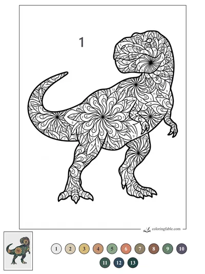 Mandala T. Rex with Floral Swirls — color by number