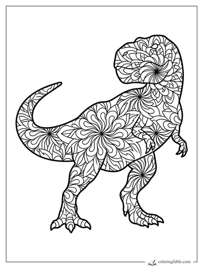 Intricate mandala T. rex coloring page with floral swirls, leafy patterns, tiny arms, and curved tail.