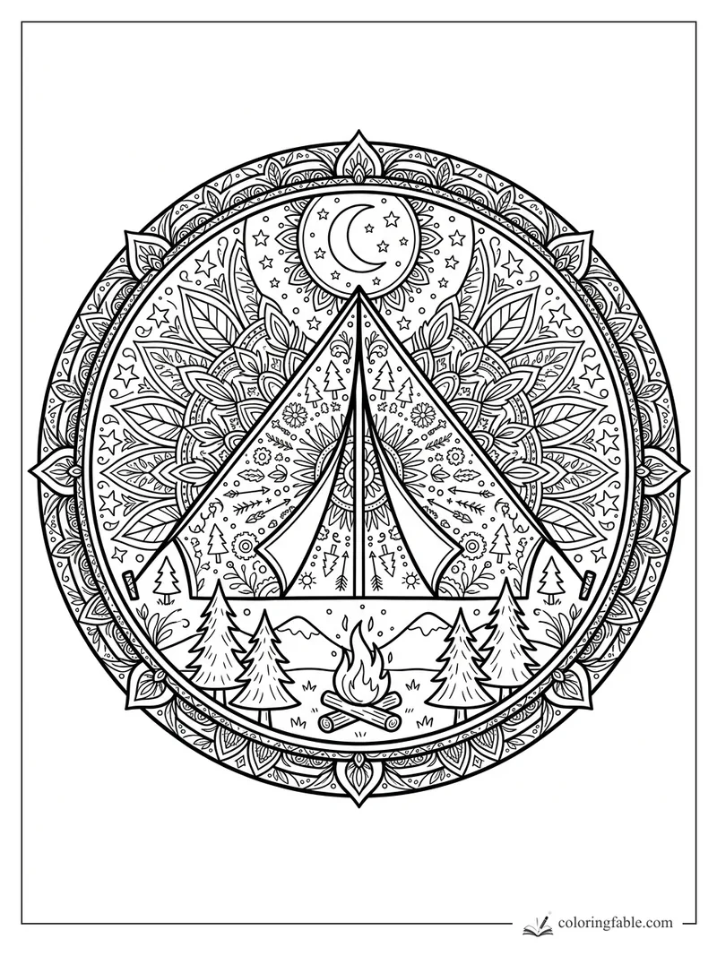 Intricate camping mandala with a teepee tent, campfire, pine trees, mountains, stars, and crescent moon.