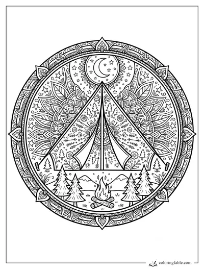 Intricate camping mandala with a teepee tent, campfire, pine trees, mountains, stars, and crescent moon.