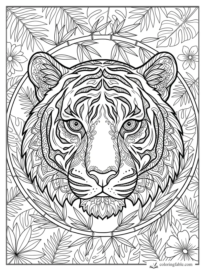Intricate mandala tiger face framed by bamboo, palm leaves, monstera leaves, and tropical flowers.