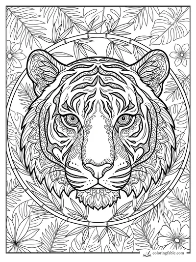 Intricate mandala tiger face framed by bamboo, palm leaves, monstera leaves, and tropical flowers.