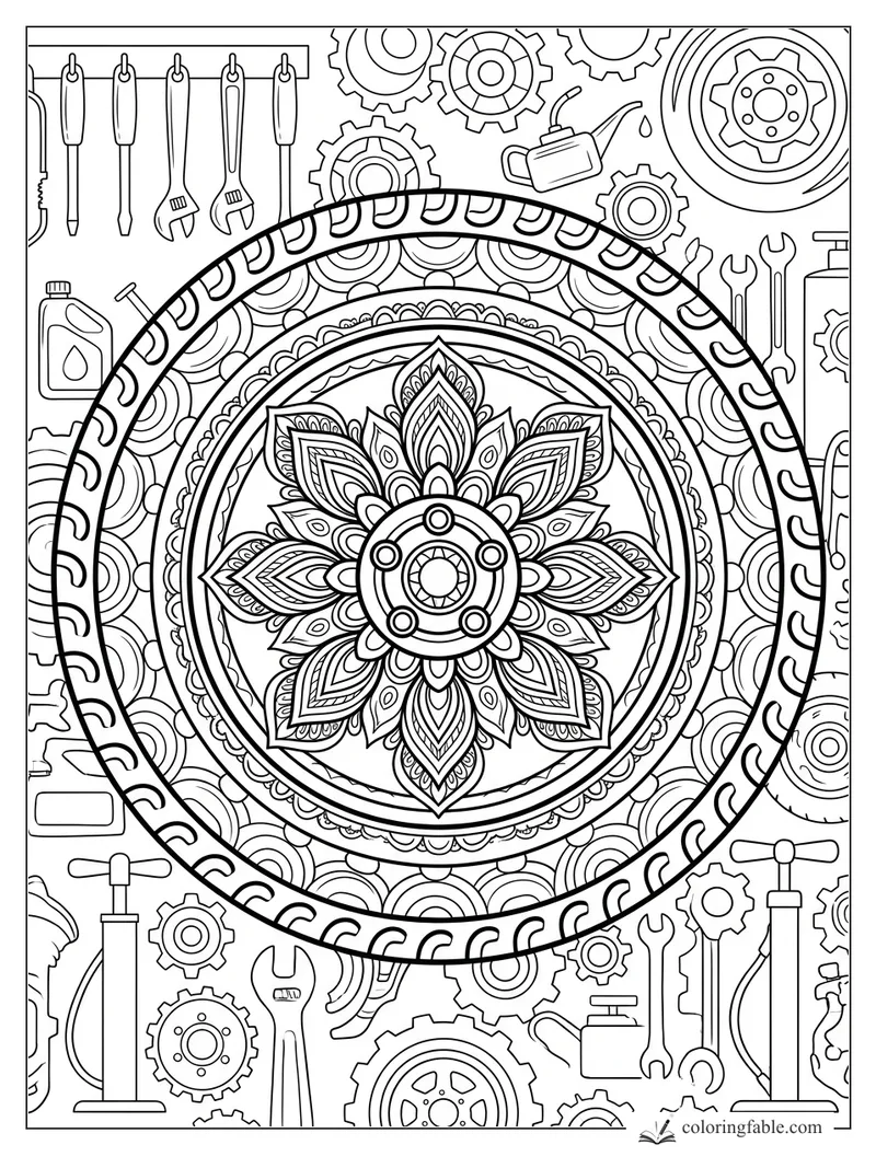 Intricate mandala tire coloring page with wrenches, gears, oil cans, pumps, and car parts.